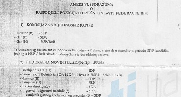 Dokument kojim su 'platformaši' podijelili dio izvršne vlasti u FBIH
