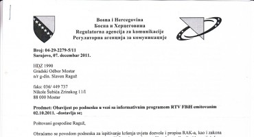 Priopćenje vezano za odgovor RAK-u na Podnesak GO Mostar HDZ1990