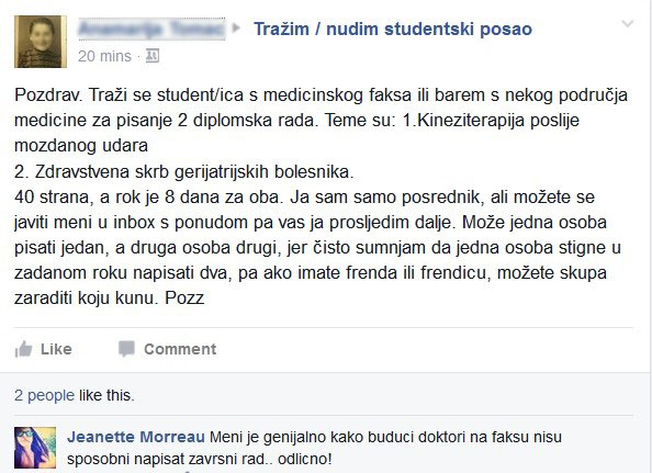Oglasili da traže nekoga da im napiše diplomski rad iz medicine