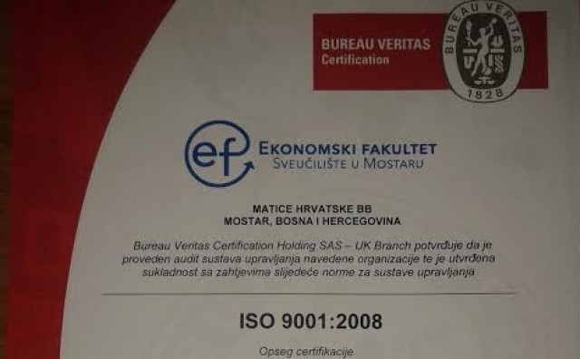 ekonomski fakultet, Sveučilište u Mostaru, CERTIFIKAT