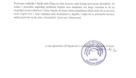 Priopćenje OŠ Bijakovići