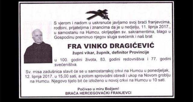 Preminuo hercegovački franjevac fra Vinko Dragičević