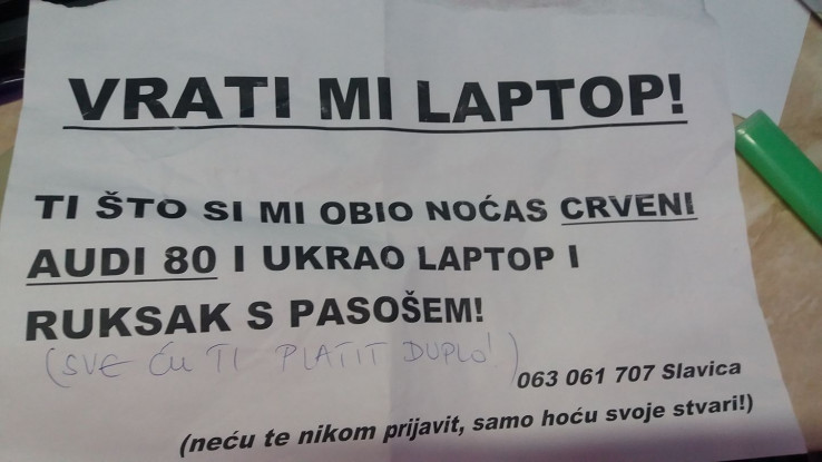 Mostarki Slavici iz vozila ukraden laptop: Drskom lopovu poslala neobičnu poruku
