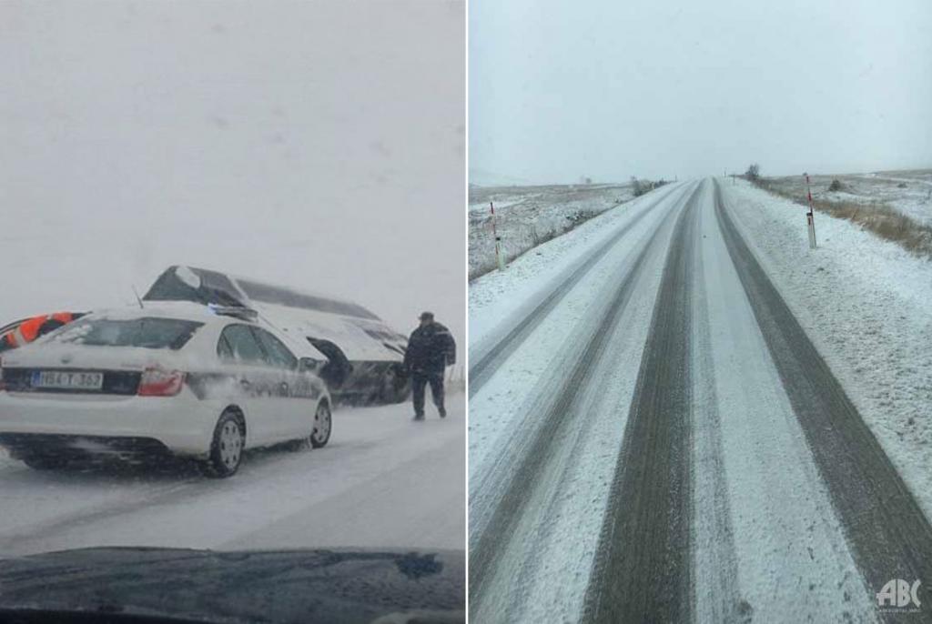 Na Kupresu izbjegnuta tragedija, autobus zbog snijega skliznuo s ceste i prikliještio automobil
