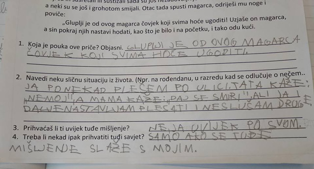 Pogledajte kako je djevojčica iz Zagreba sasvim iskreno odgovorila na radni listić iz lektire