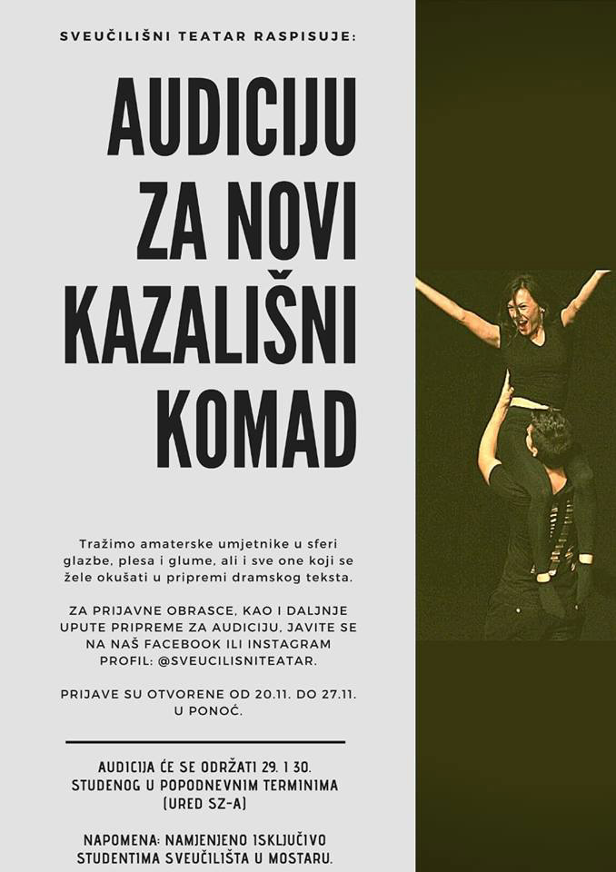 Sveučilišni teatar Mostar raspisuje audiciju za novi kazališni komad