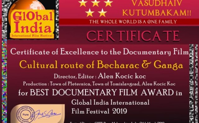 Putopisno-dokumentarni film “Kulturna ruta bećarca i gange“ otputovao u svijet i osvojio nagradu na filmskom festivalu u Indiji