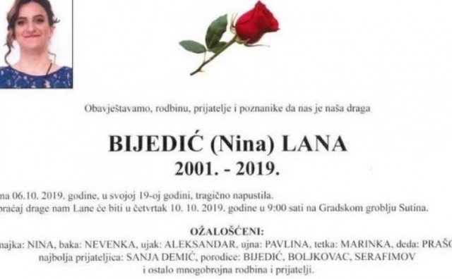 Lana Bijedić bit će sahranjena u četvrtak na Gradskom groblju Sutina