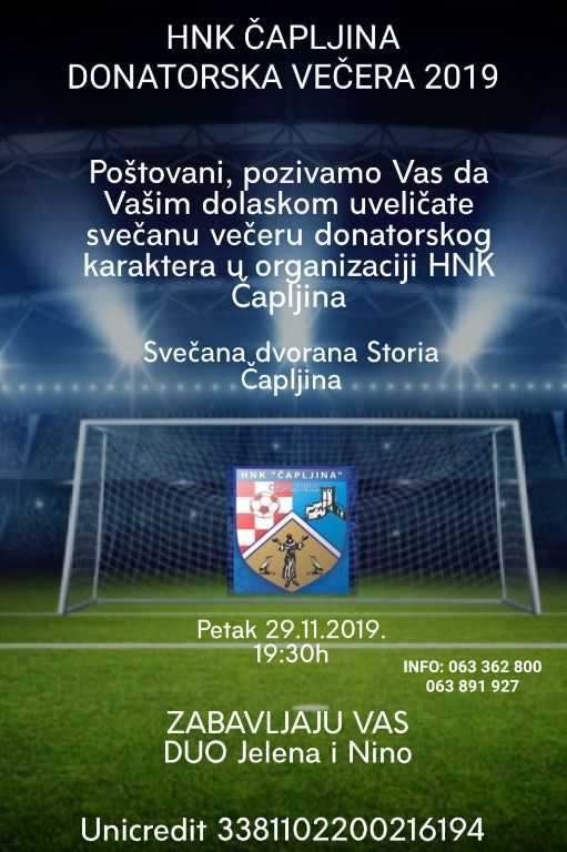 U petak 29. studenog donatorska večer HNK Čapljina