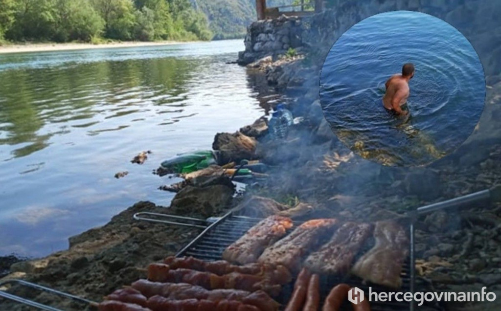 KUPANJE U NERETVI SE NASTAVLJA Manje nas je od deset, do roštilja i po gemišt dolazimo jedan po jedan