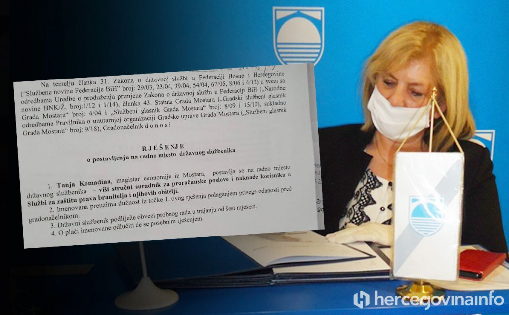 Kćerka Radmile Komadine ne radi u Gradskoj upravi Mostara