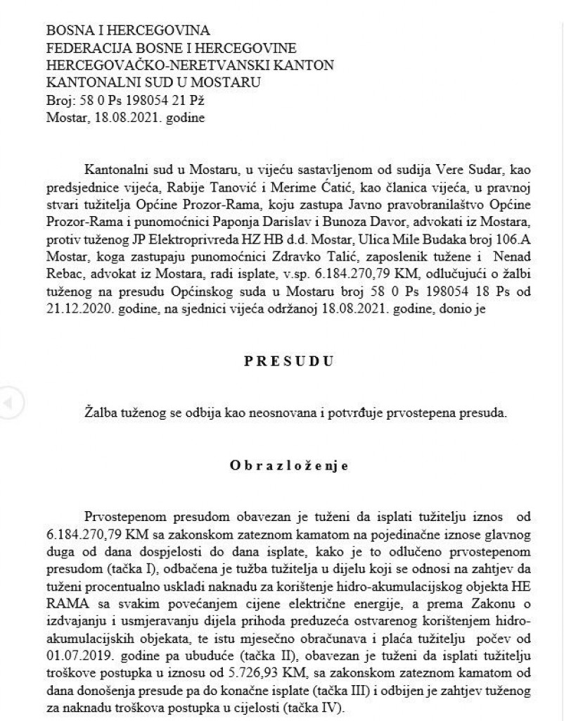 presuda,Elektroprivreda HZ HB d.d. Mostar