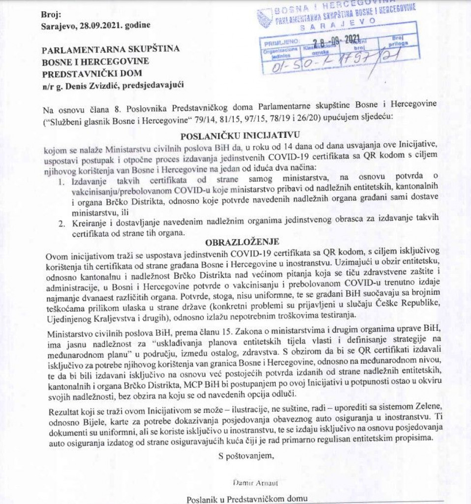 covid potvrde,Bosna i Hercegovina,parlament BiH,koronavirus,cijepljenje