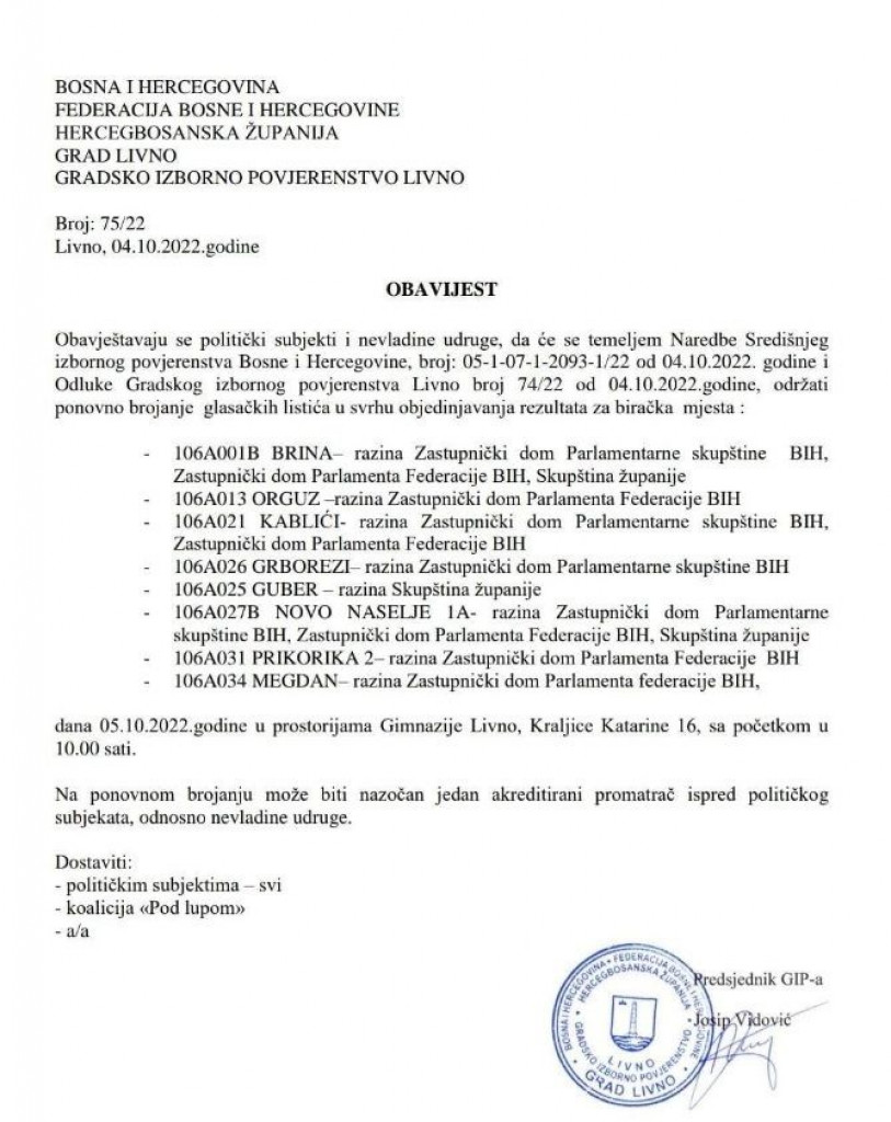 Ponovno brojanje i u Livnu