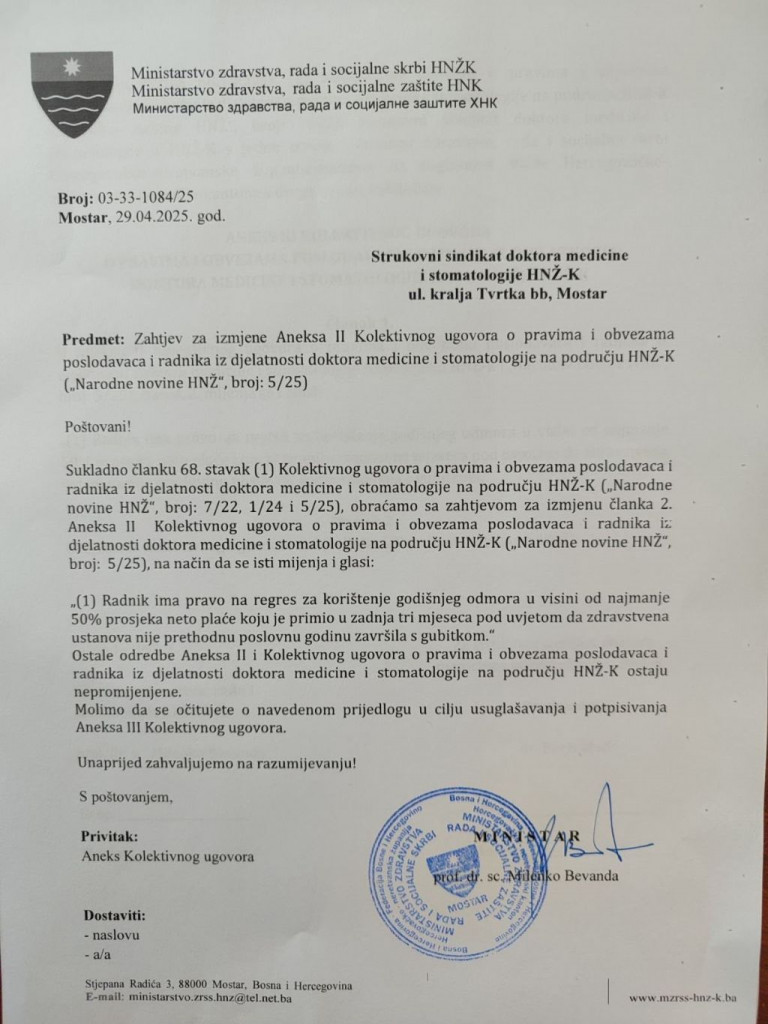 Dopis ministra Milenka Bevande doktorima