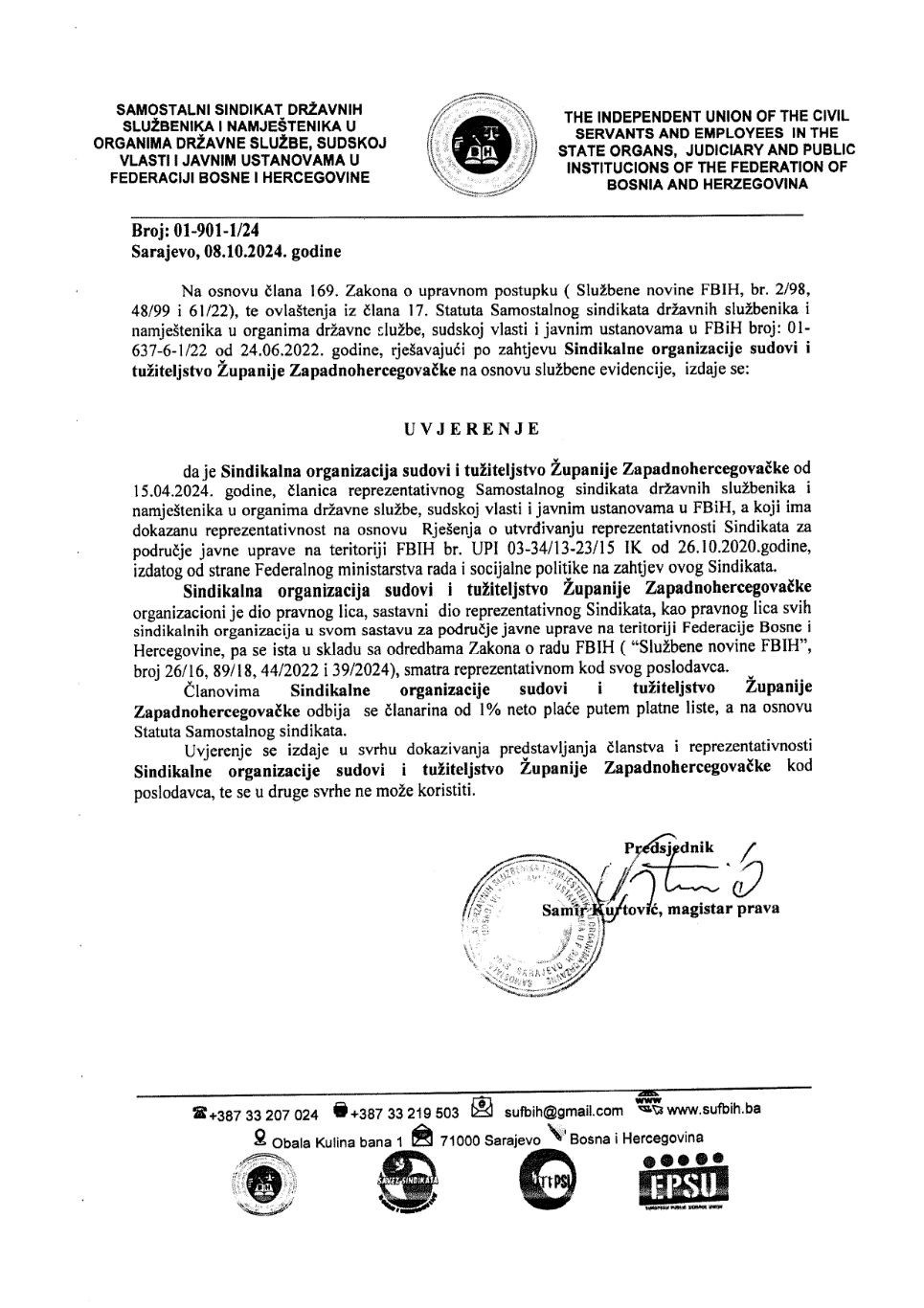 Sindikalna organizacija sudovi i tužiteljstvo ŽZH 