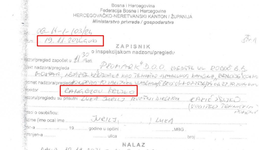Zapisnik o inspekcijskom nalazu inspektora Željka Rangelova