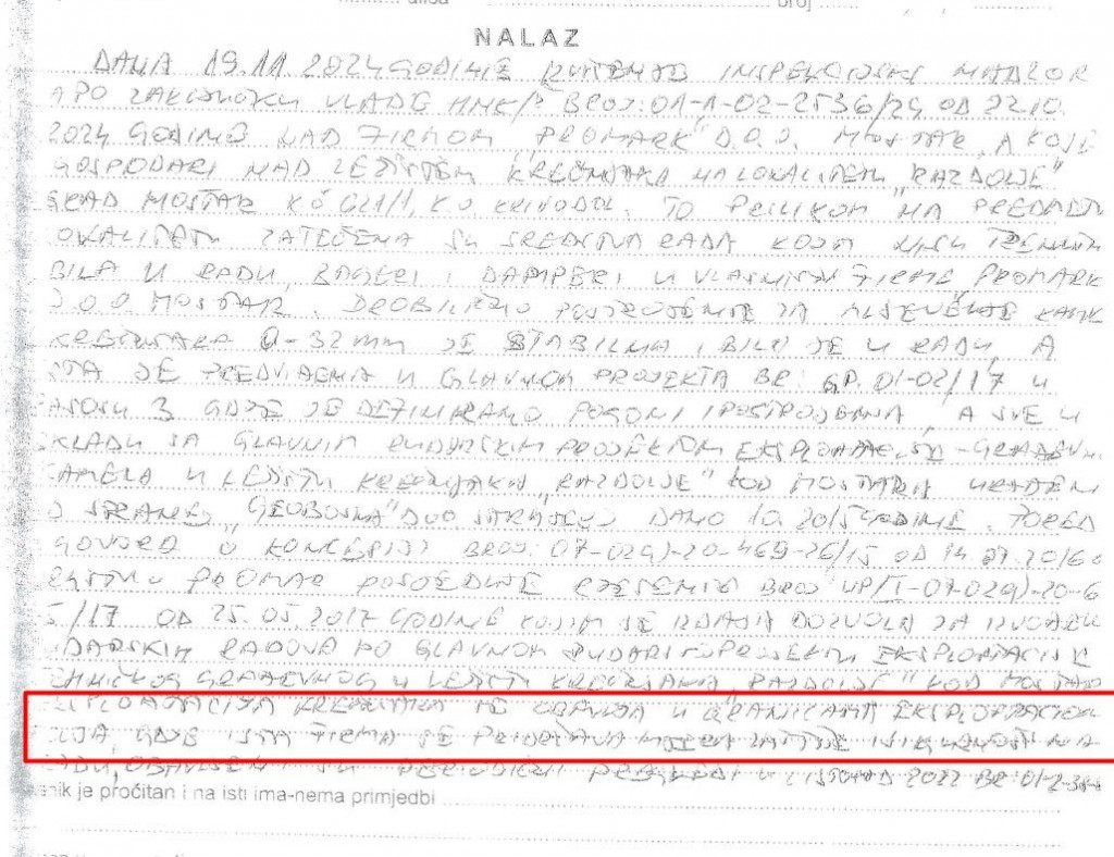 Zapisnik o inspekcijskom nalazu inspektora Željka Rangelova