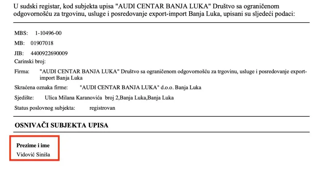 Faksmil iz registra Audi centra Banja Luka