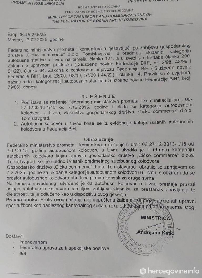 Rješenje ministarstva o ukidanju kolodvora Livno