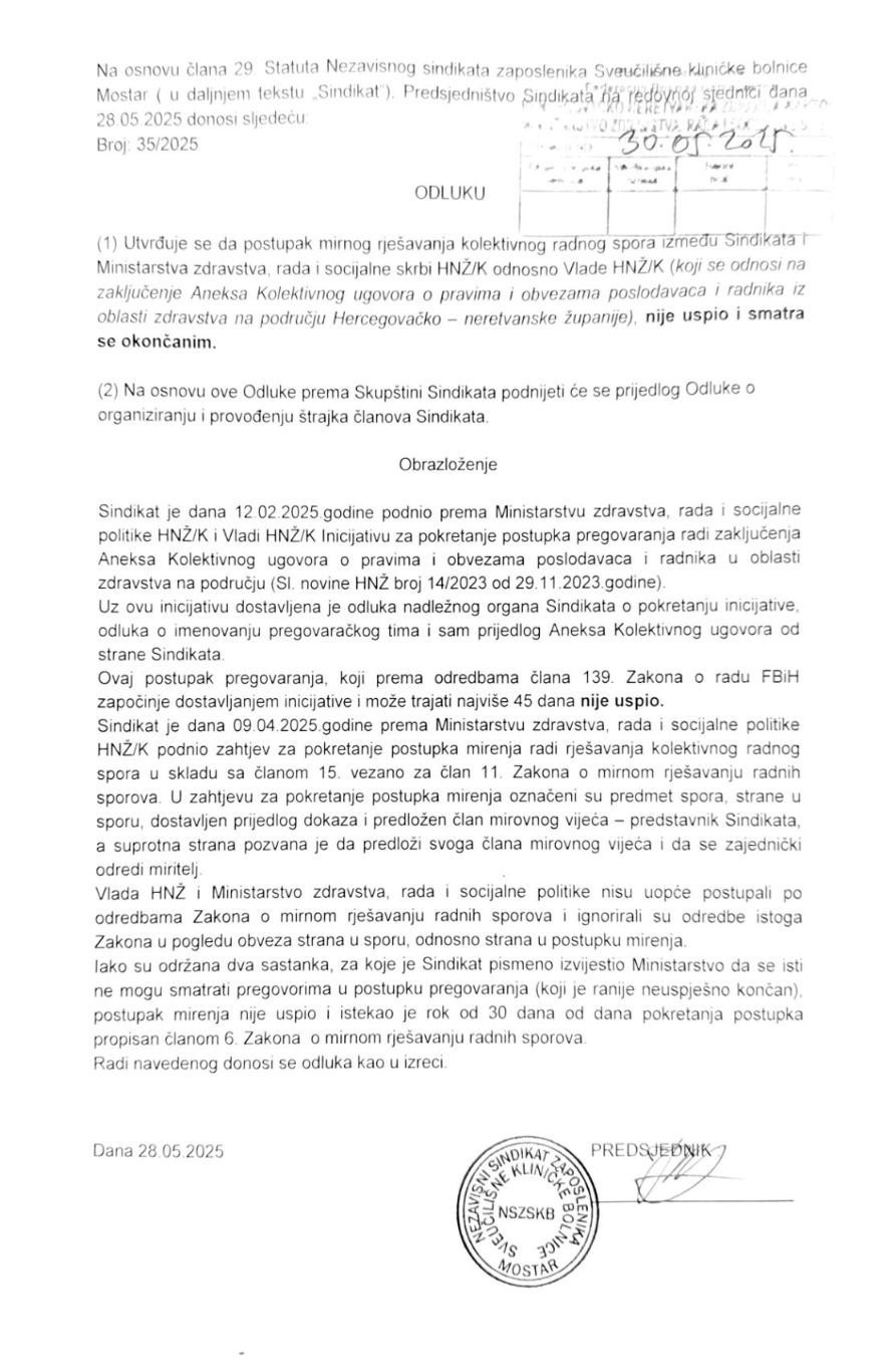Zdravstveni djelatnici HNŽ, odluka za generalni štrajk