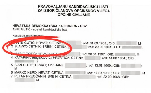 Izjašnjava se kao Srbin, preziva se Četnik i na listi je HDZ-a