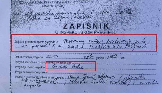 Adis Gološ na zahtjev investitora Takača sastalja zapisnik sa zaključkom bez primjedbi na pristupni put