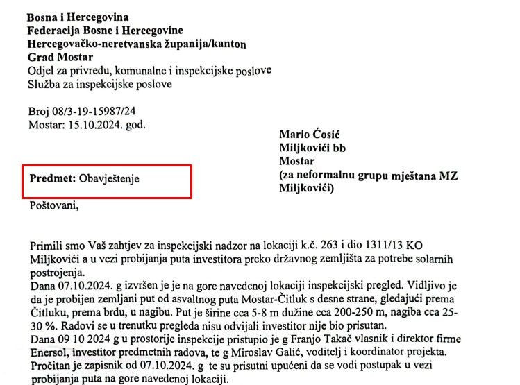 Adis Gološ šalje obavijest mještanima o postupanju, a vezano za probijanje puta investitora