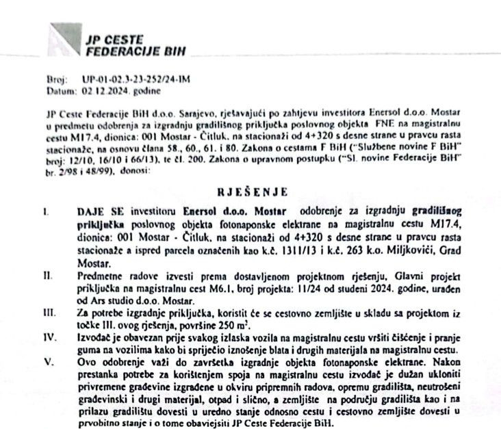 Enerosl dobiva rješenje za privremeni priključak na magistralnu cestu