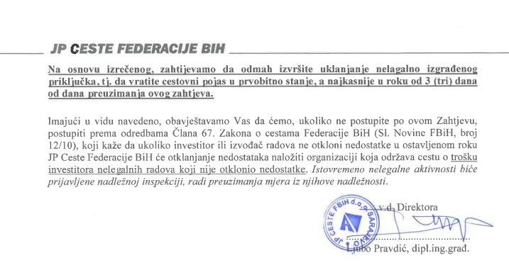 JP Ceste Federacije izdaju prvi nalog o obustavi radova na prikljčku na magistralnu cestu