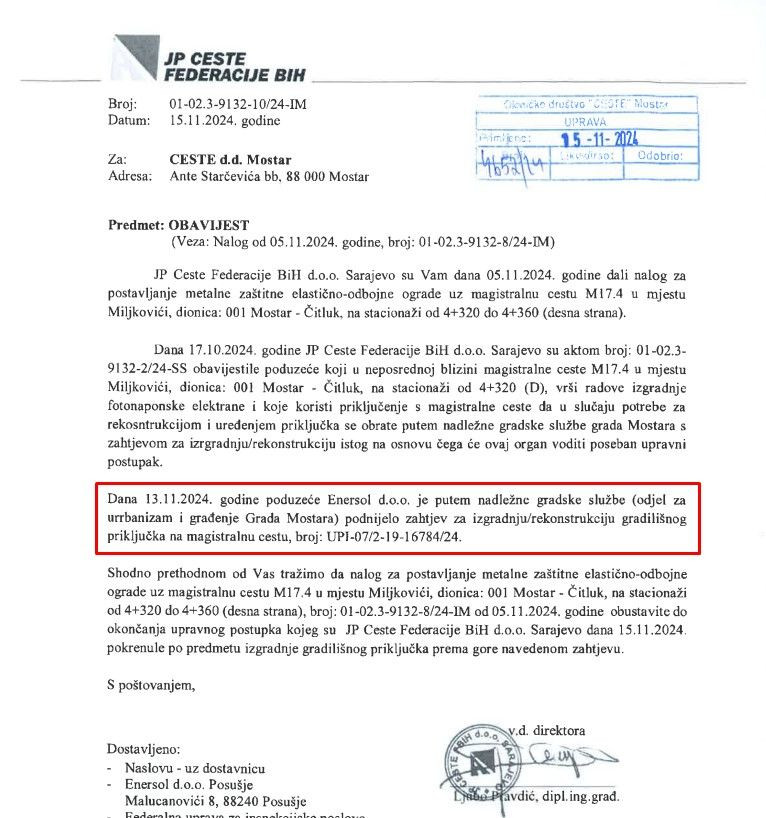 Ljubo Pravdić šalje obavijest o privremenoj obustavi postavljanja zaštitne ograde