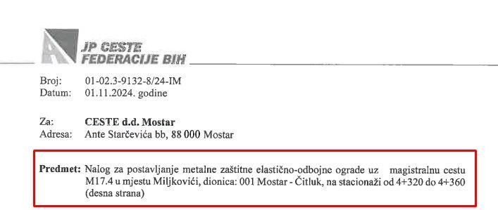 Nalog ua postavljanje zaštitne ograde od strane JP Ceste Federacije