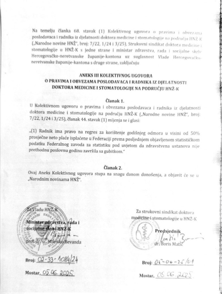 Novi aneks ugovora za doktore medicine i stomatologije u HNŽ