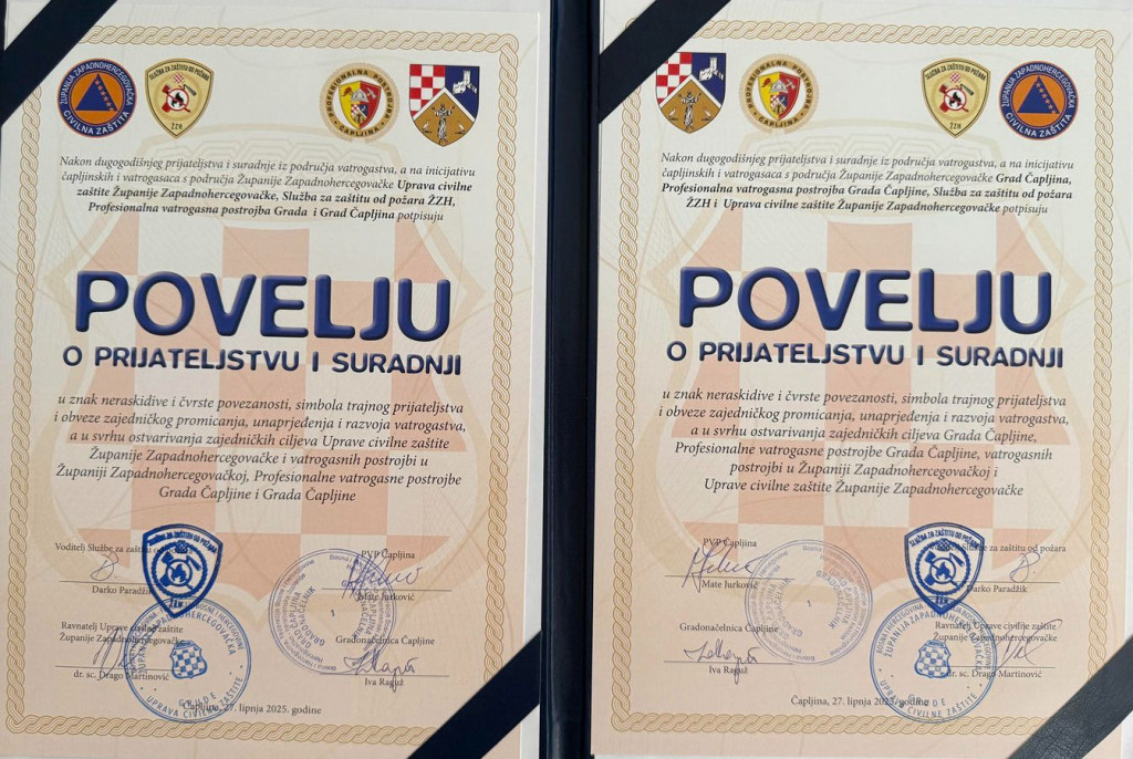 Povelja prijateljstva između Čapljine i Uprave civilne zaštite ŽZH