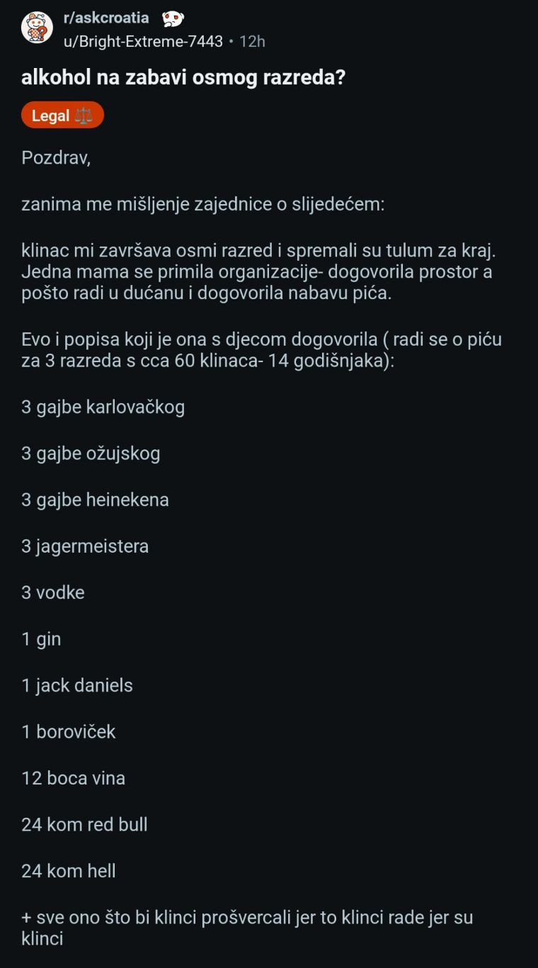 Rasprava na Redditu o alkoholu za osmaše