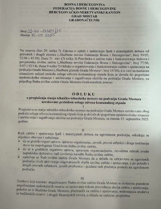 Mostar proglasio stanje tehničko–tehnološke nesreće 