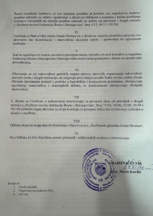 Mostar proglasio stanje tehničko–tehnološke nesreće 