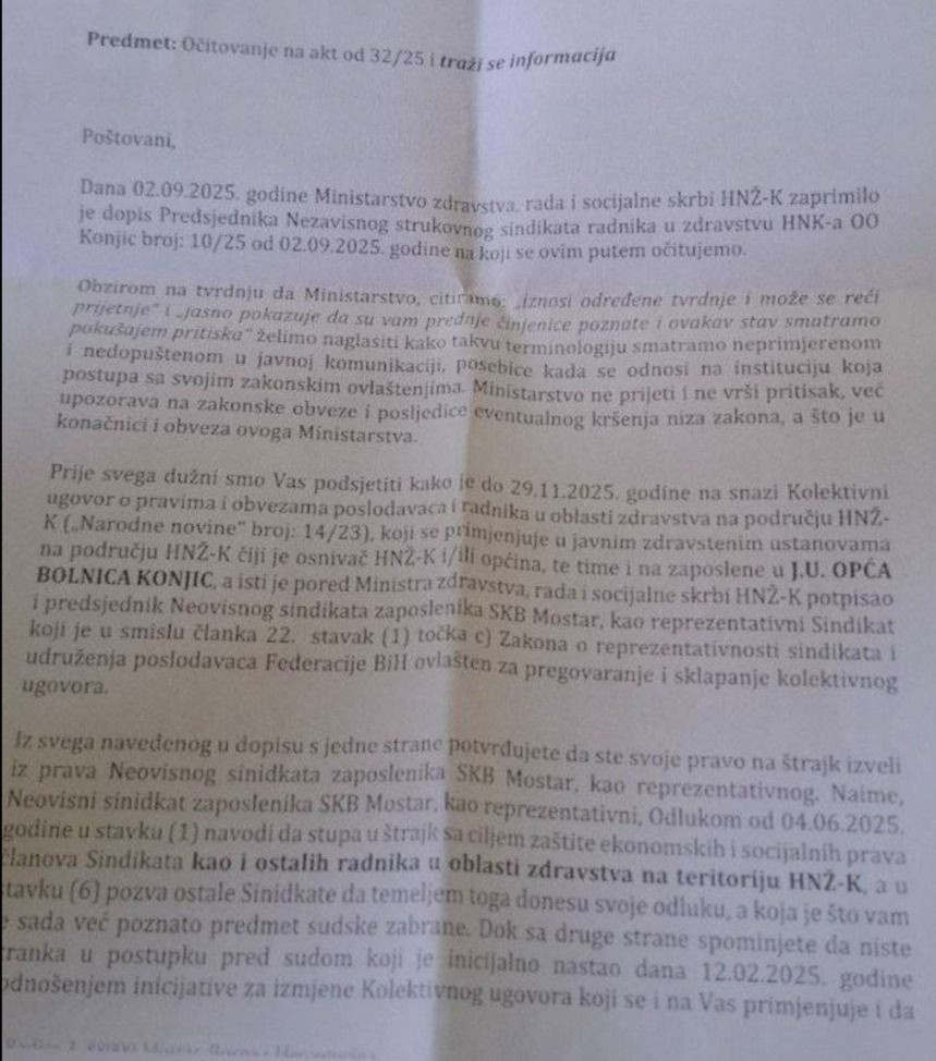 Očitovanje Ministarstva zdravstva HNŽ