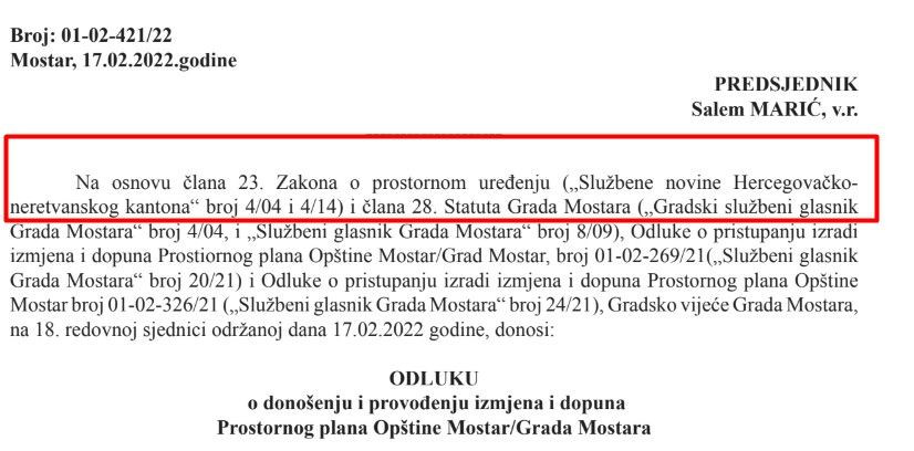Odluka o provođenju izmjena i dopuna Prostornog plana Grada Mostara