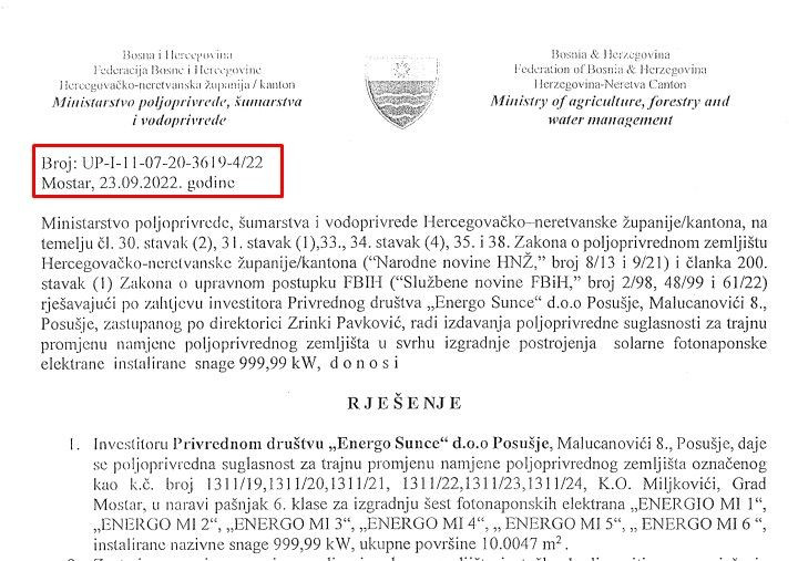 Poljoprivredna suglasnost izdana investitoru Energo Sunce d.o.o Posušje