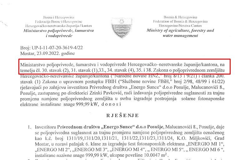 Poljoprivredna suglasnost izdata firmi Energo Sunce d.o.o Posušje