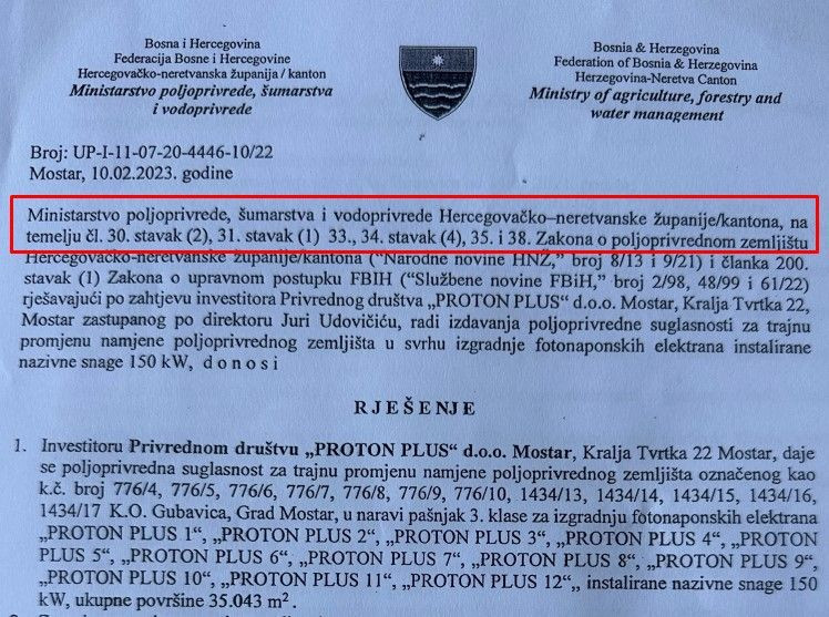 Poljoprivredna suglasnost izdata firmi Proton Plus
