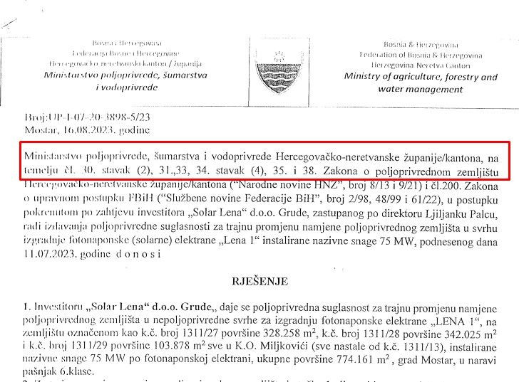 Poljoprivredna suglasnost izdata firmi Solar Lena Grude