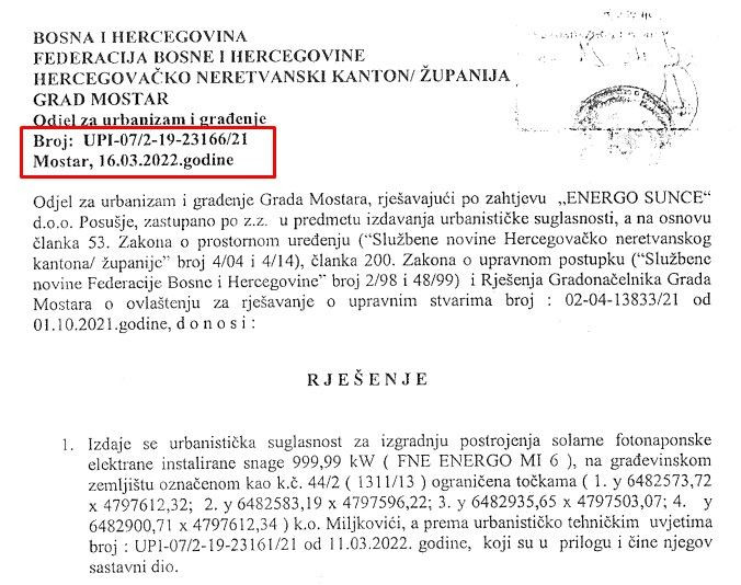 Urbanistička suglasnost Energo Sunce d.o.o Posušje