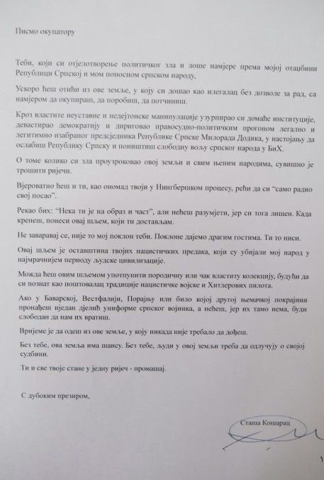 Košarac poslao Schmidtu šljem nacističke vojske i pismo