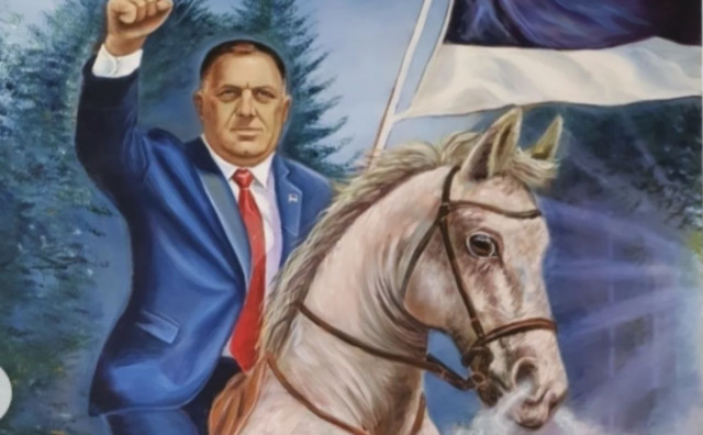 Dodik u sedlu: Mladi umjetnik u Trebinju poklonio Miloradu Dodiku sliku na kojoj jaše konja i maše zastavom