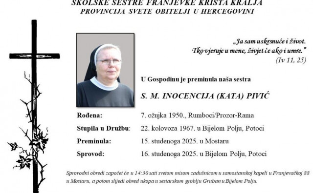 U Mostaru preminula sestra Inocencija Pivić