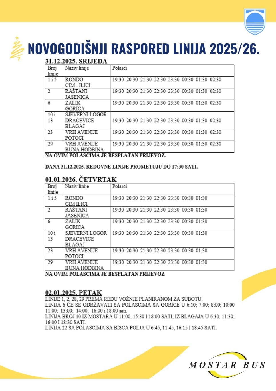 novogodišnji raspored linija Mostar bus