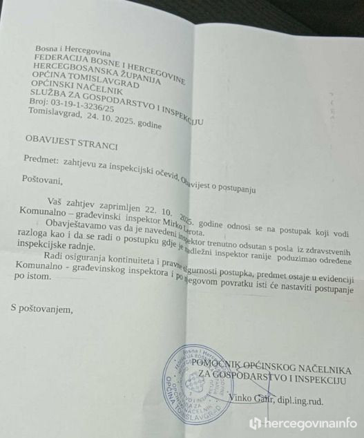 Odgovor Općine Tomislavgrad na zahtjev za inspekcijom