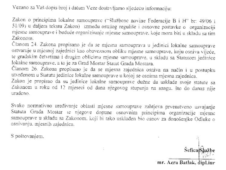 Azra Batlak obavijest o statusu mjesnih zajednica